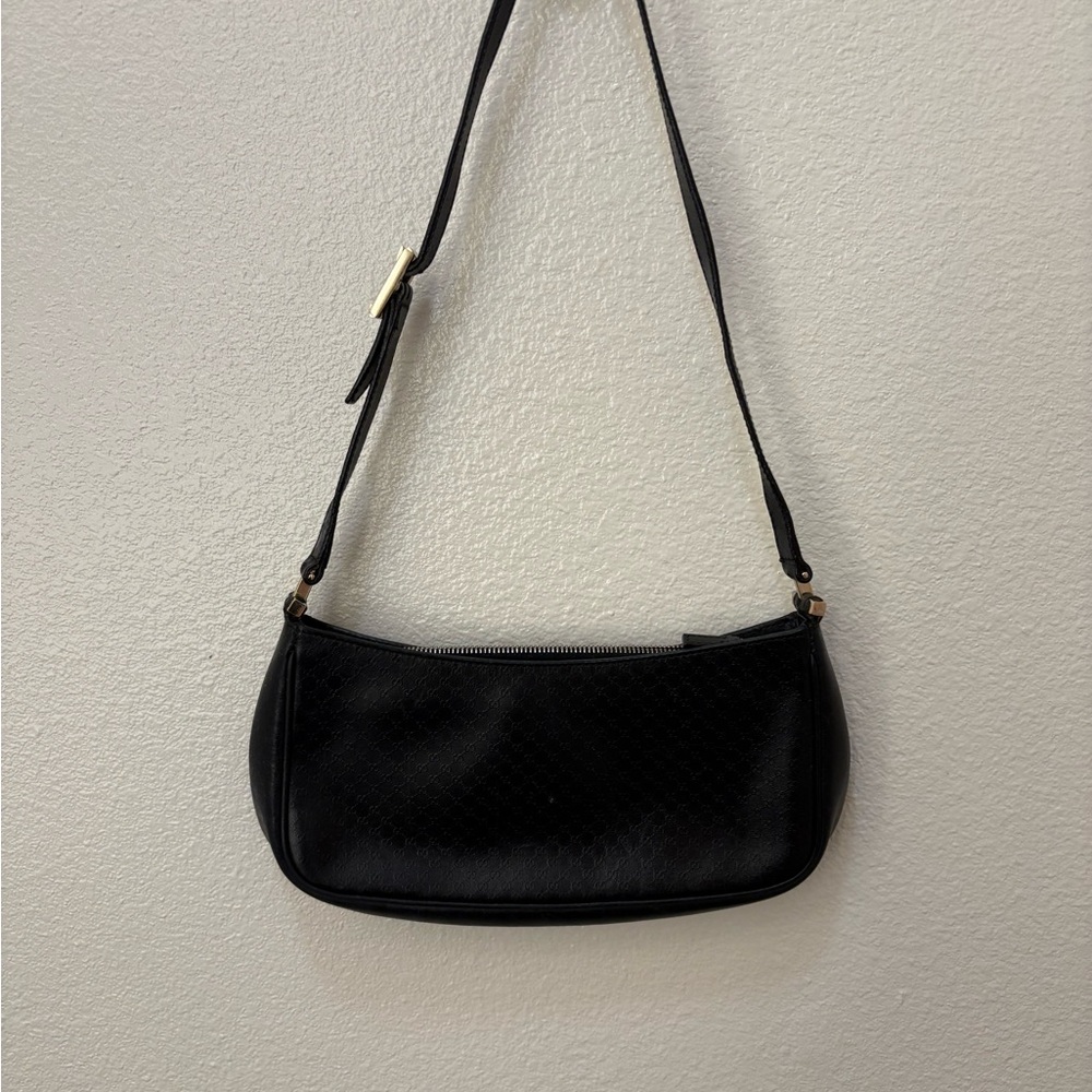 Vintage Gucci Monogram Black Leather Shoulder Bag 9”